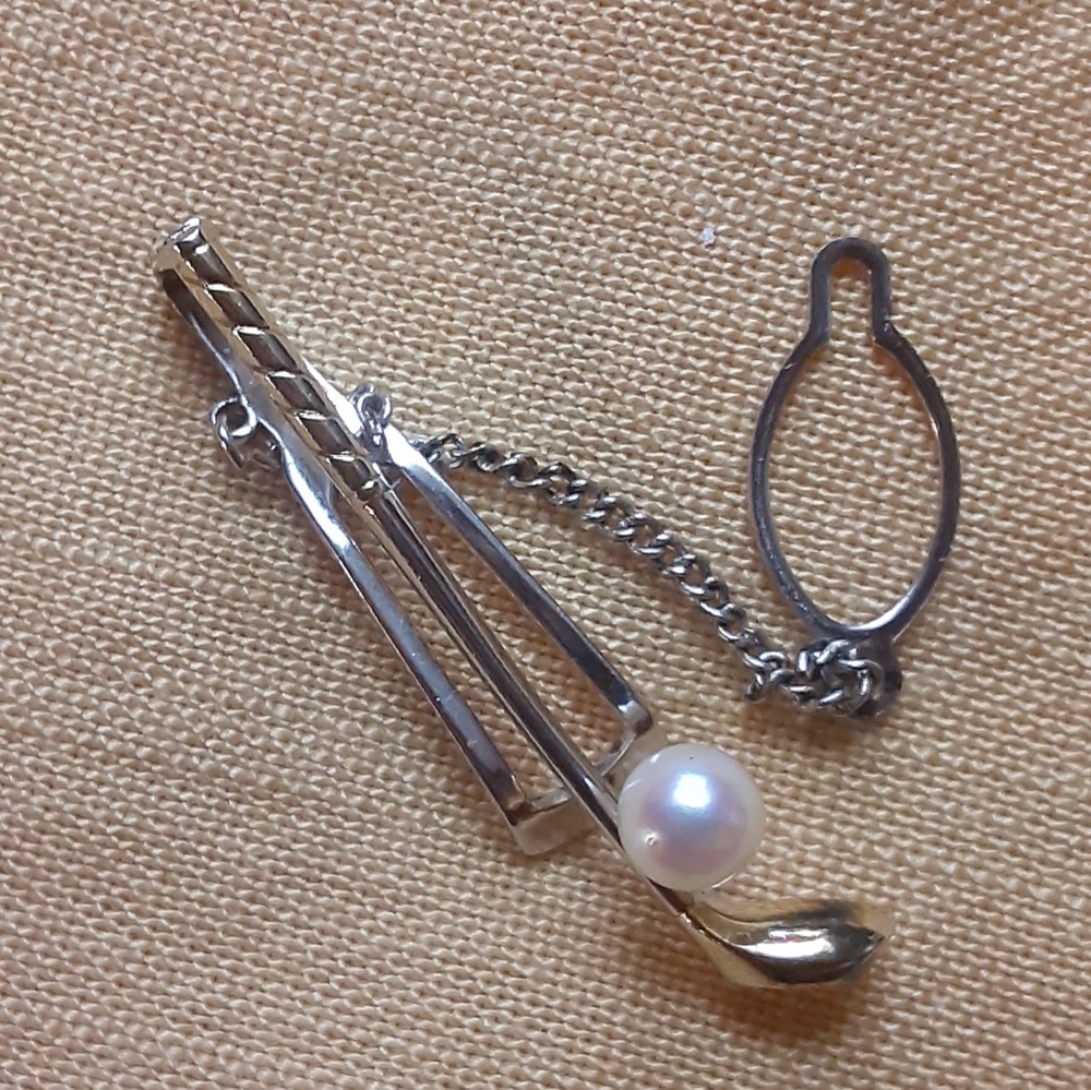 Vintage STERLING SILVER AKOYA PEARL 2 TONE GOLF CLUB TIE CLIP